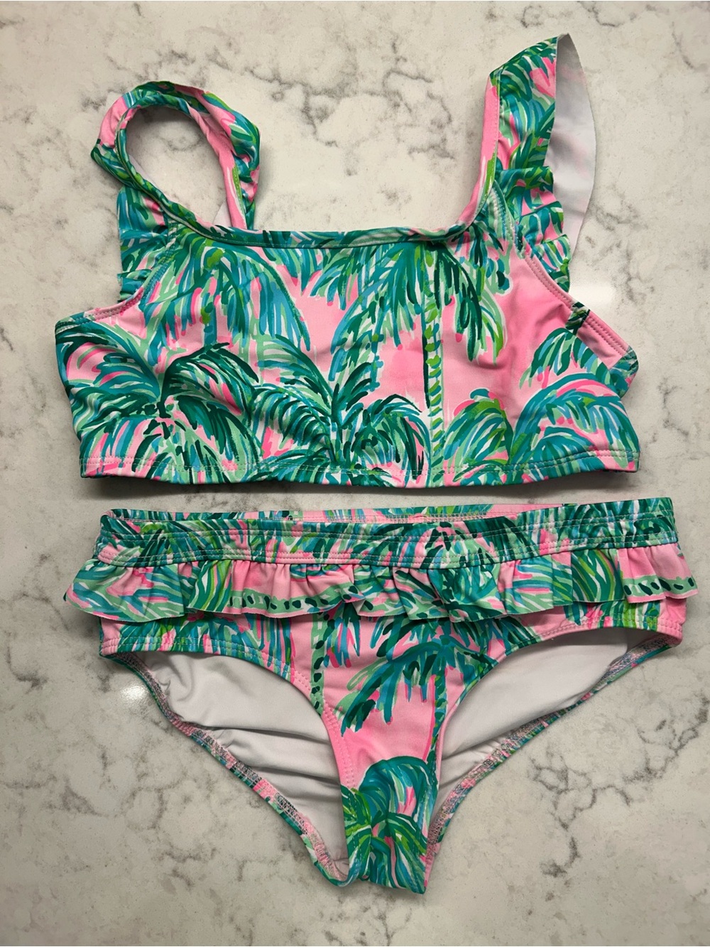 Lilly Pulitzer Pink & Green Palm Print Ruffle Two-Piece Swim Set